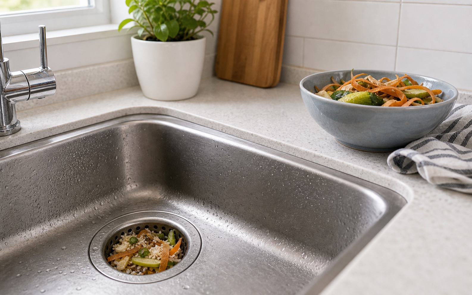 Sisa makanan basah tertahan di saringan sink dapur rumah