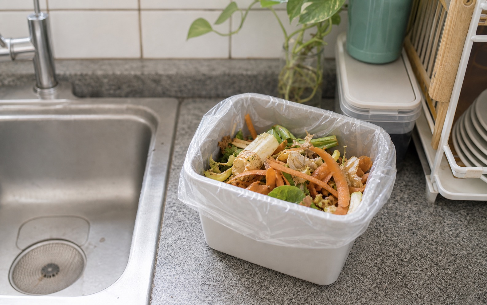 Sisa makanan basah di tempat sampah plastik dekat area sink